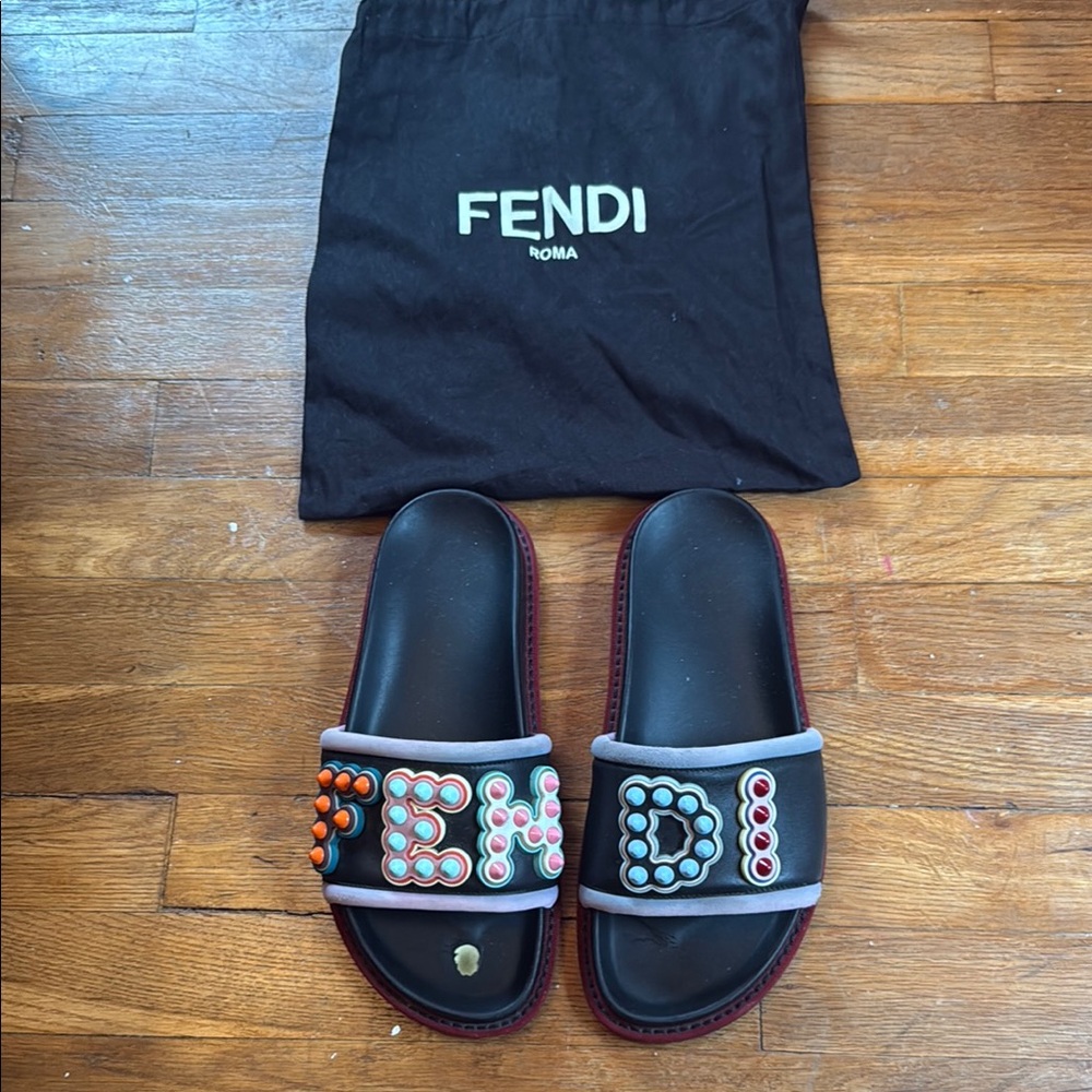 Fendi Black Slides with Colorful Lettering